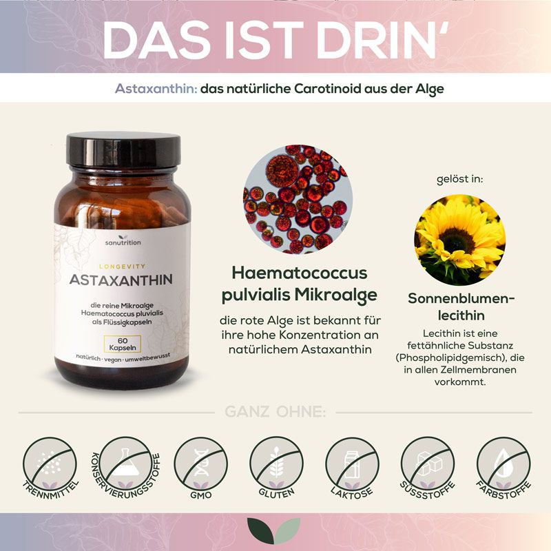 Glasflasche mit "Astaxanthin" und "sanutrition". Abbildungen von Inhaltsstoffen: Mikroalgen, Sonnenblumenlecithin. Ohne Zusatzstoffe.