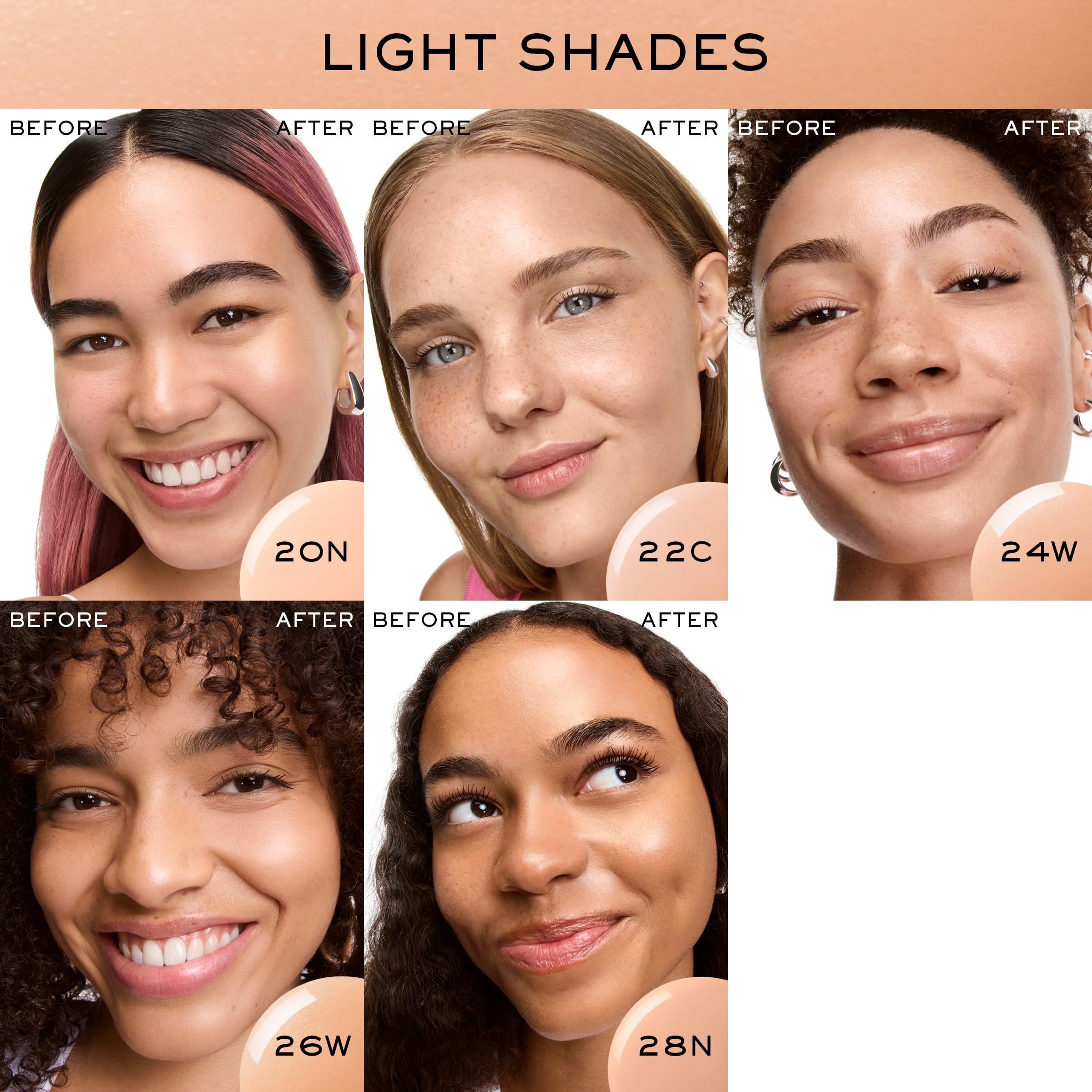 Gesichter von Frauen vor und nach der Anwendung. Verschiedene Hauttöne. Farbtonbezeichnungen: 20N, 22C, 24W, 26W, 28N.