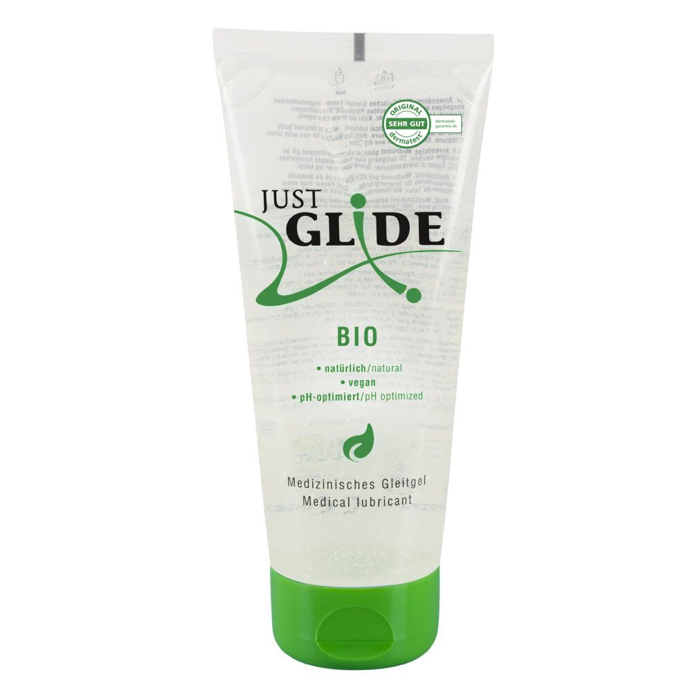 Tube mit transparentem Gel und grünem Verschluss. Aufschrift: Just Glide Bio, Medizin. Gleitgel. Siegel.
