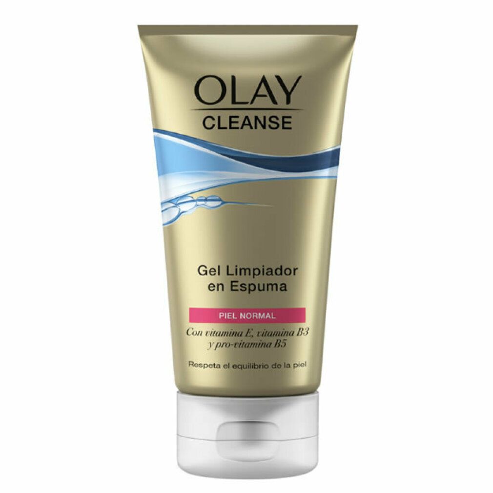 Goldfarbene Tube mit weißem Verschluss. Olay Cleanse Gel, spanische Aufschrift. Für normale Haut. Enthält Vitamin E, B3 und B5.
