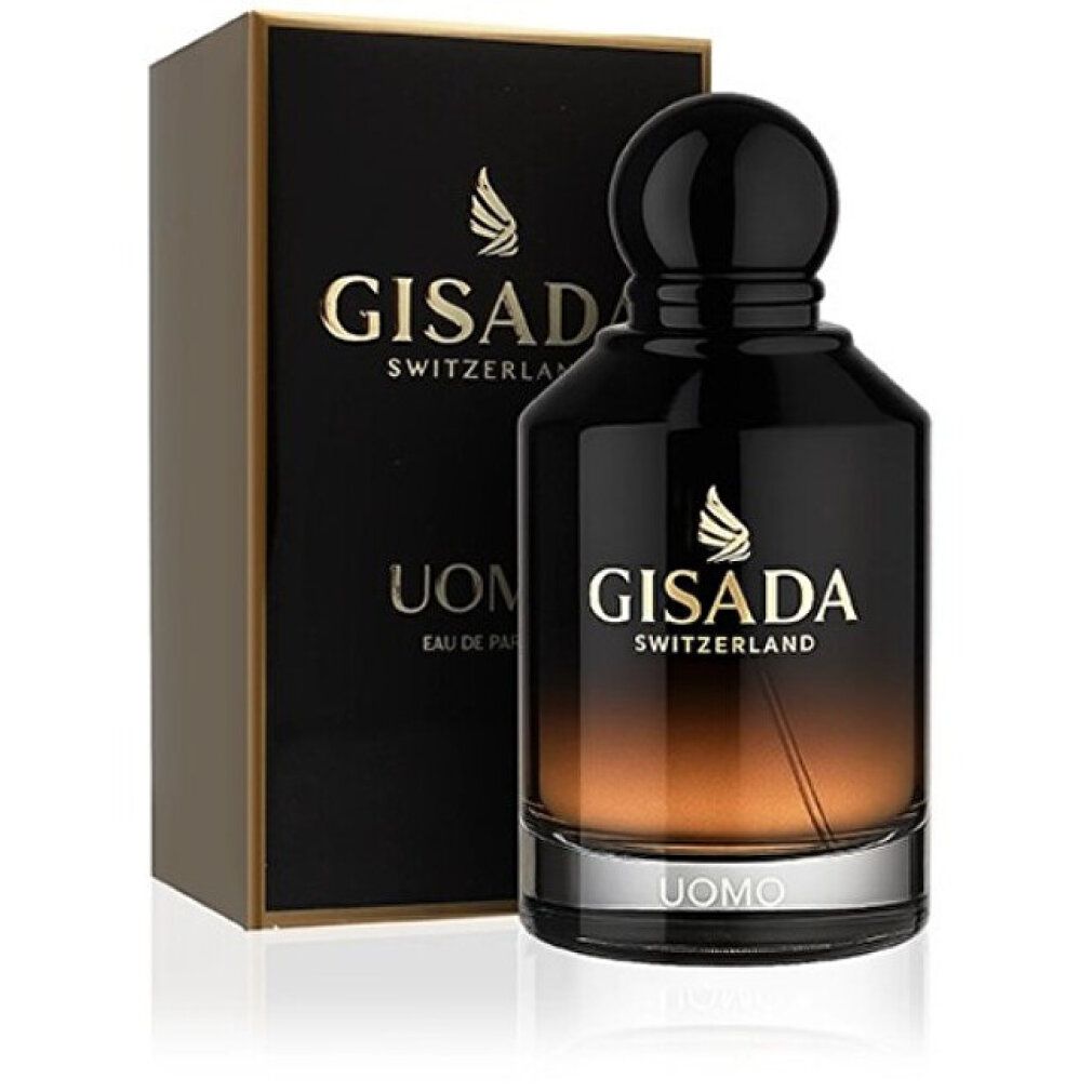 Gisada Uomo Eau de Parfum Flakon neben seiner schwarzen Verpackung.