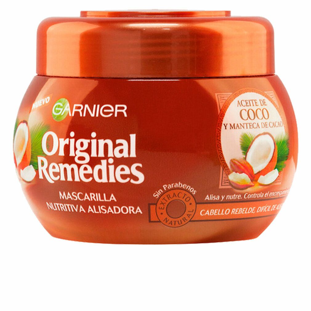 Garnier Original Remedies Maske. Braune Dose mit Deckel. Aufschrift: Kokosöl und Kakaobutter. Ohne Parabene.