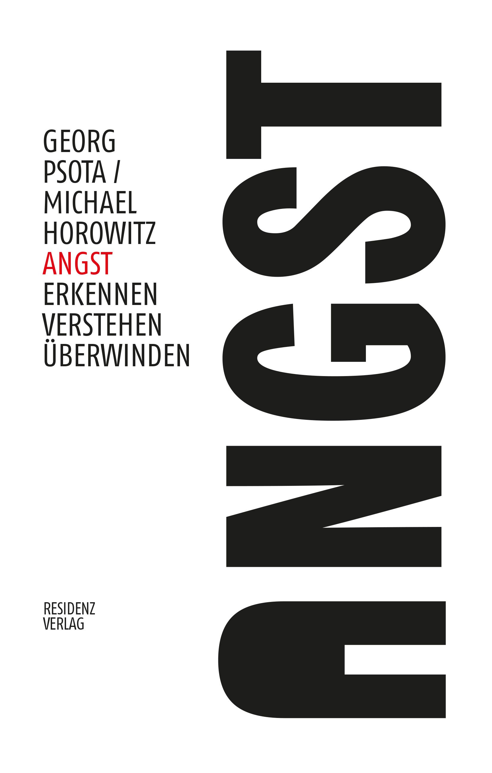 Buchcover mit dem Wort "ANGST" in großen schwarzen Buchstaben. Autorennamen und weitere Titeldetails sind ebenfalls sichtbar.