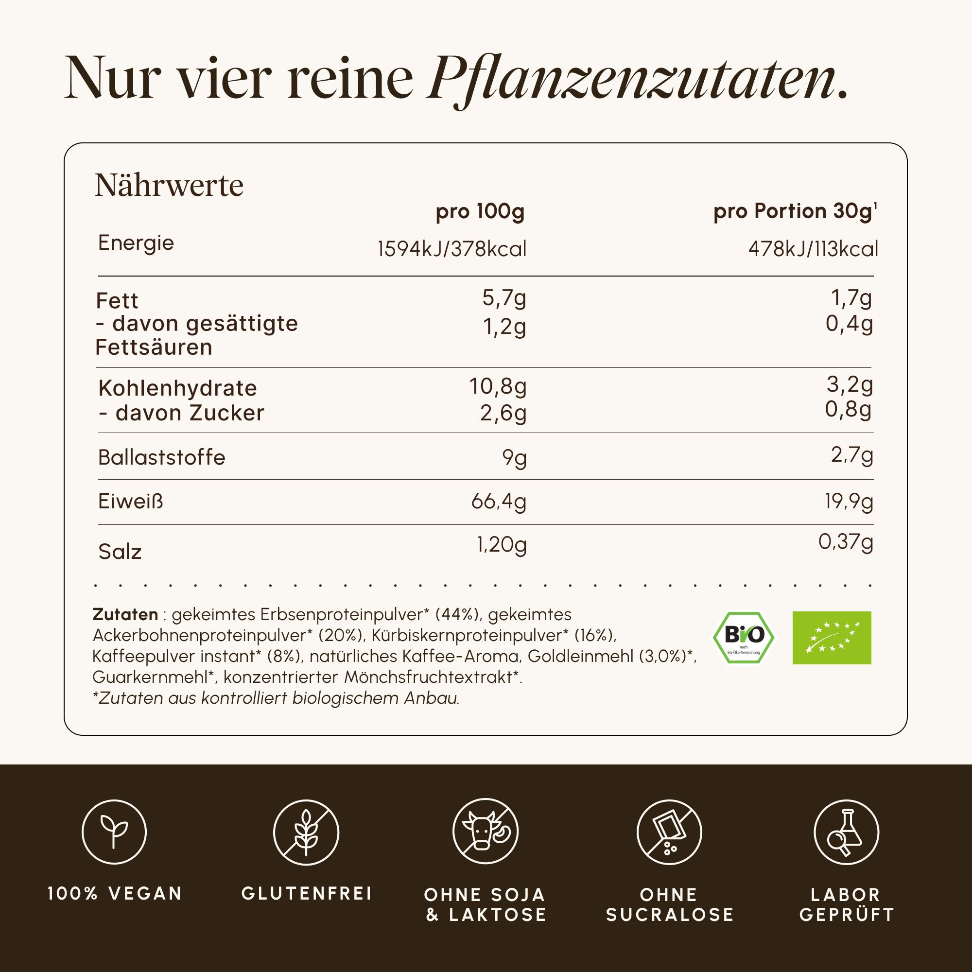 Nährwerte und Zutatenliste für VETAIN Protein: 100% Vegan, Glutenfrei.