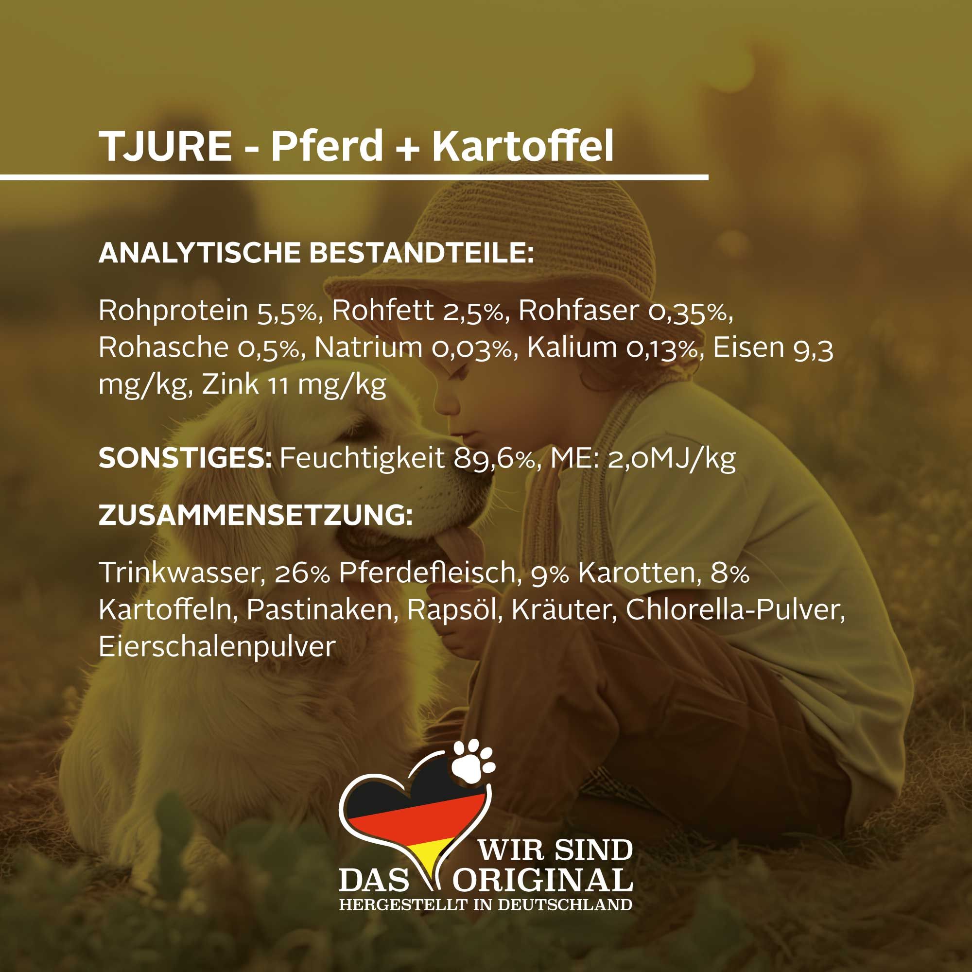 Produktinformationen für Tjure-Pferd + Kartoffel. Analytische Bestandteile und Zusammensetzung. Hergestellt in Deutschland.