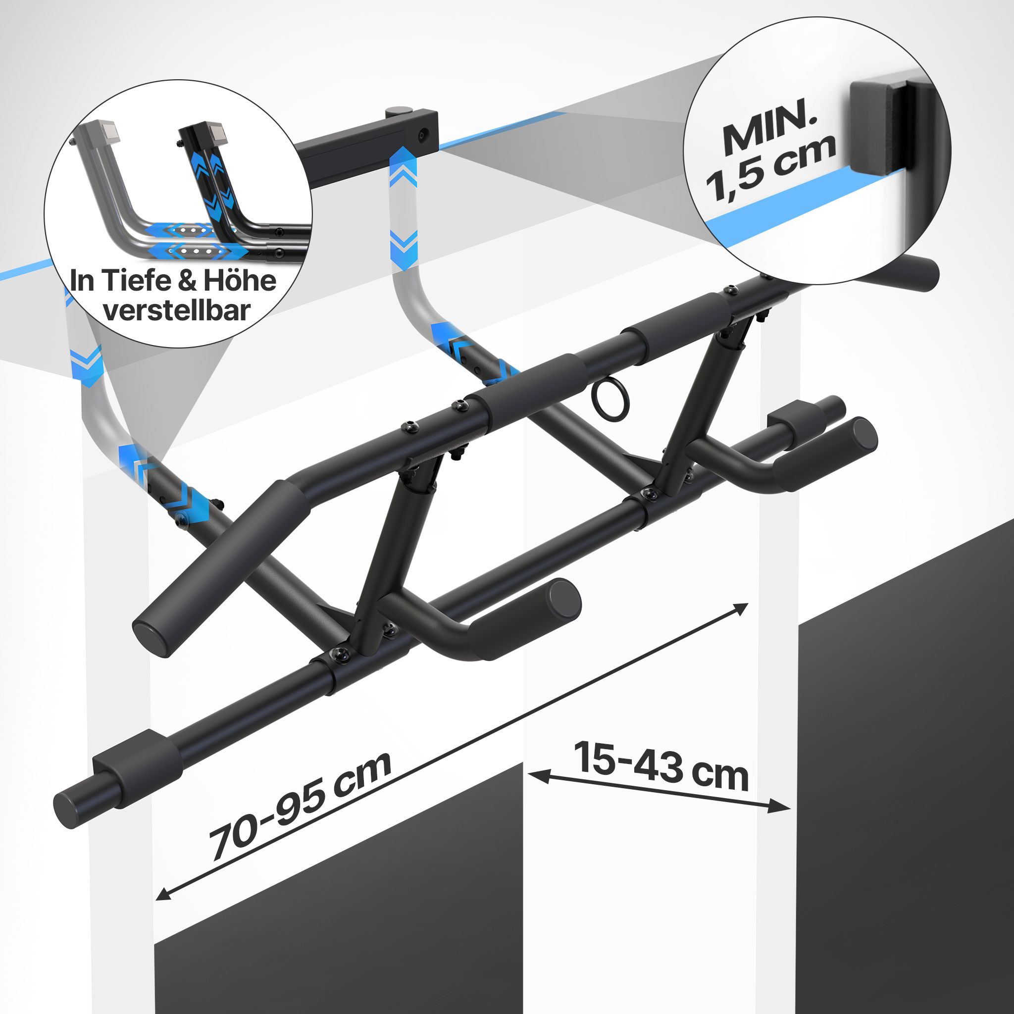 Schwarze Klimmzugstange mit mehreren Griffen. Maße: 70-95 cm Breite, 15-43 cm Tiefe. Einstellbar in Tiefe und Höhe.