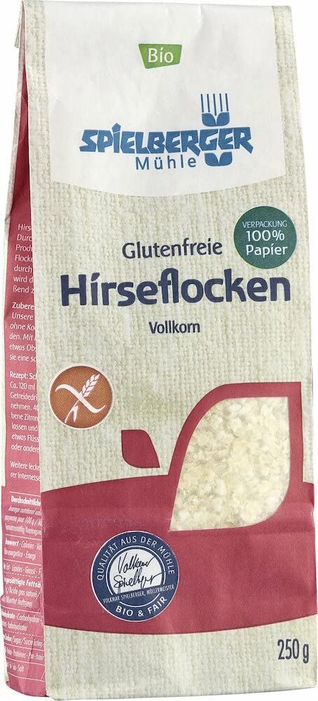 Spielberger Mühle Hirseflocken Vollkorn, glutenfrei, 250g Packung mit Bio-Siegel.