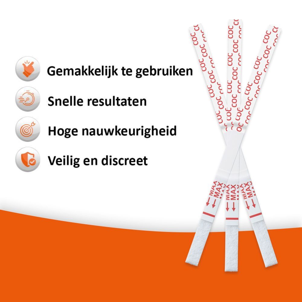Drie teststrips met opschrift COC en pijlen. Symbolen: Eenvoudig, snel, nauwkeurig, discreet. Oranje achtergrond.