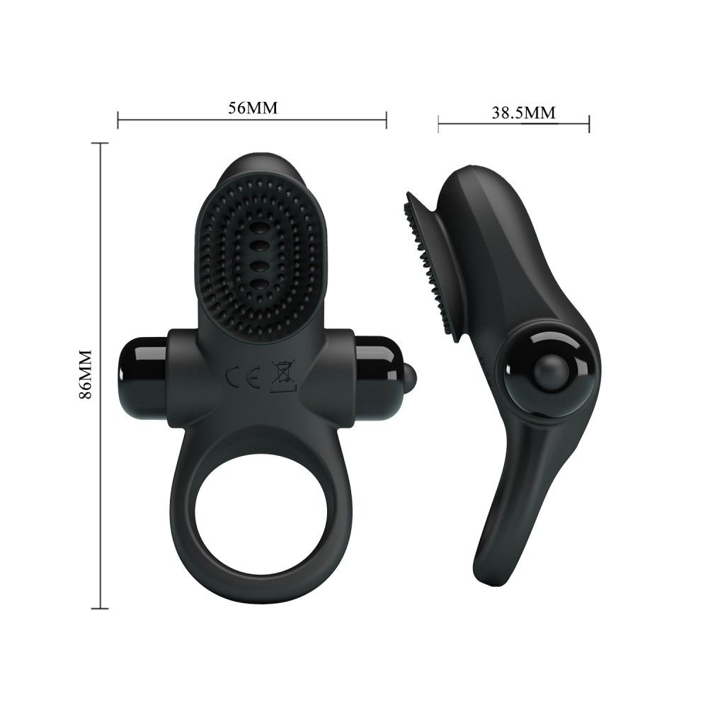 Schwarzer Penisring mit Ring, Vibrationsaufsatz und Noppen. CE-Zeichen.