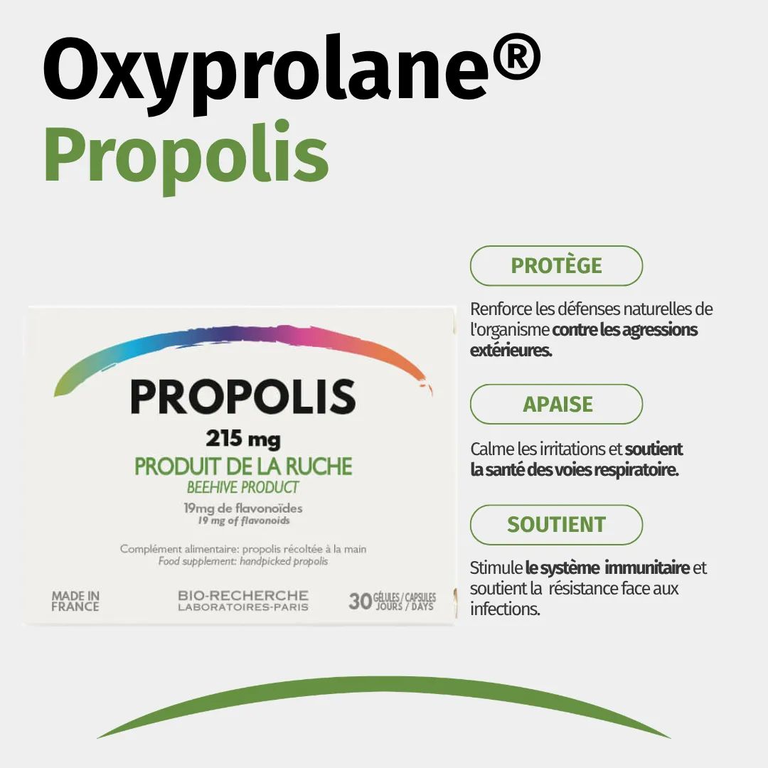 Verpackung Oxyprolane Propolis, 215 mg, mit Hinweisen zu Abwehrkräften und Atemwegen.
