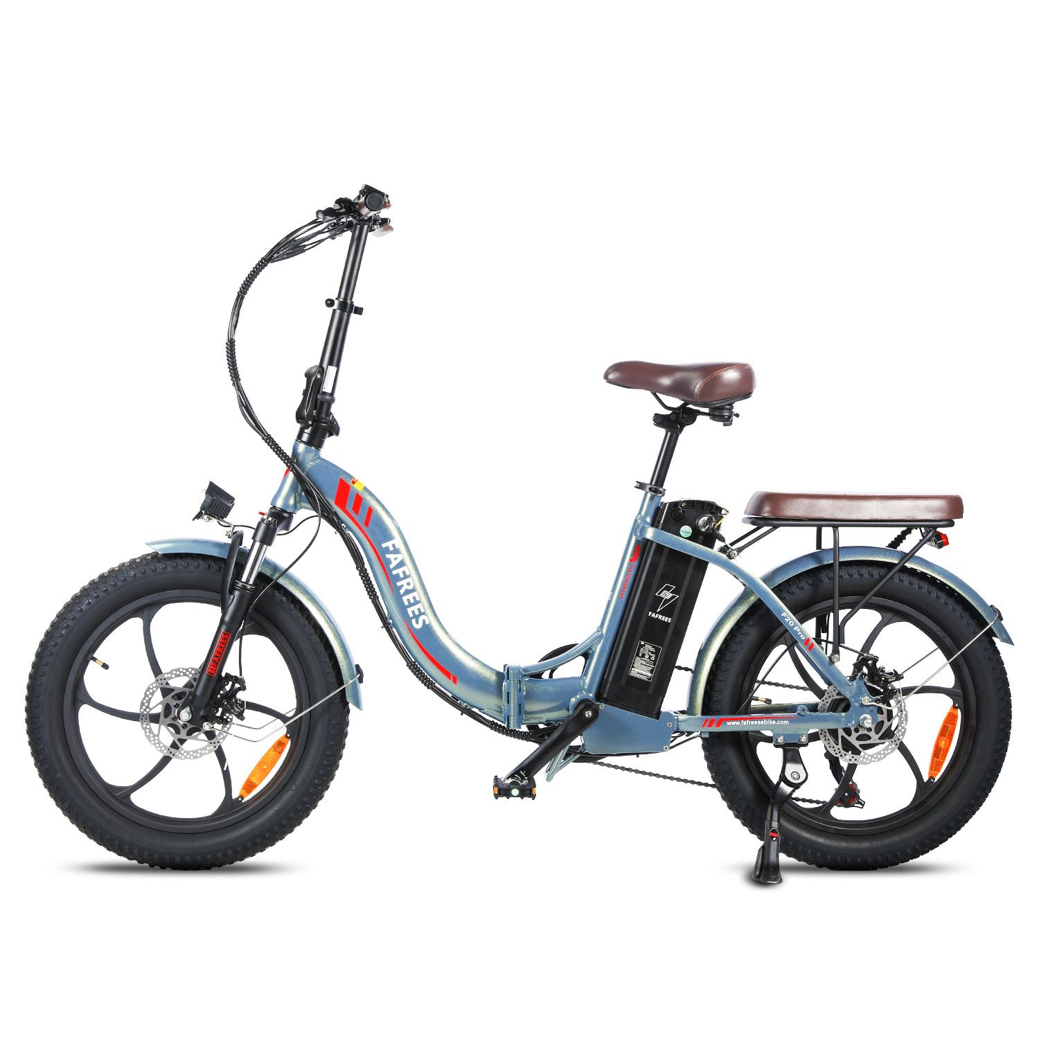 Fafrees F20 Pro E-Bike, blau, brauner Sattel, schwarze Reifen. Frontlicht, Gepäckträger, Scheibenbremsen.