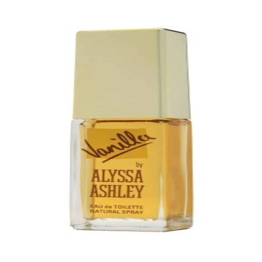 Alyssa Ashley Vanilla Eau de Toilette Flakon mit goldenem Verschluss. Gelbe Etiketten mit Produktnamen.