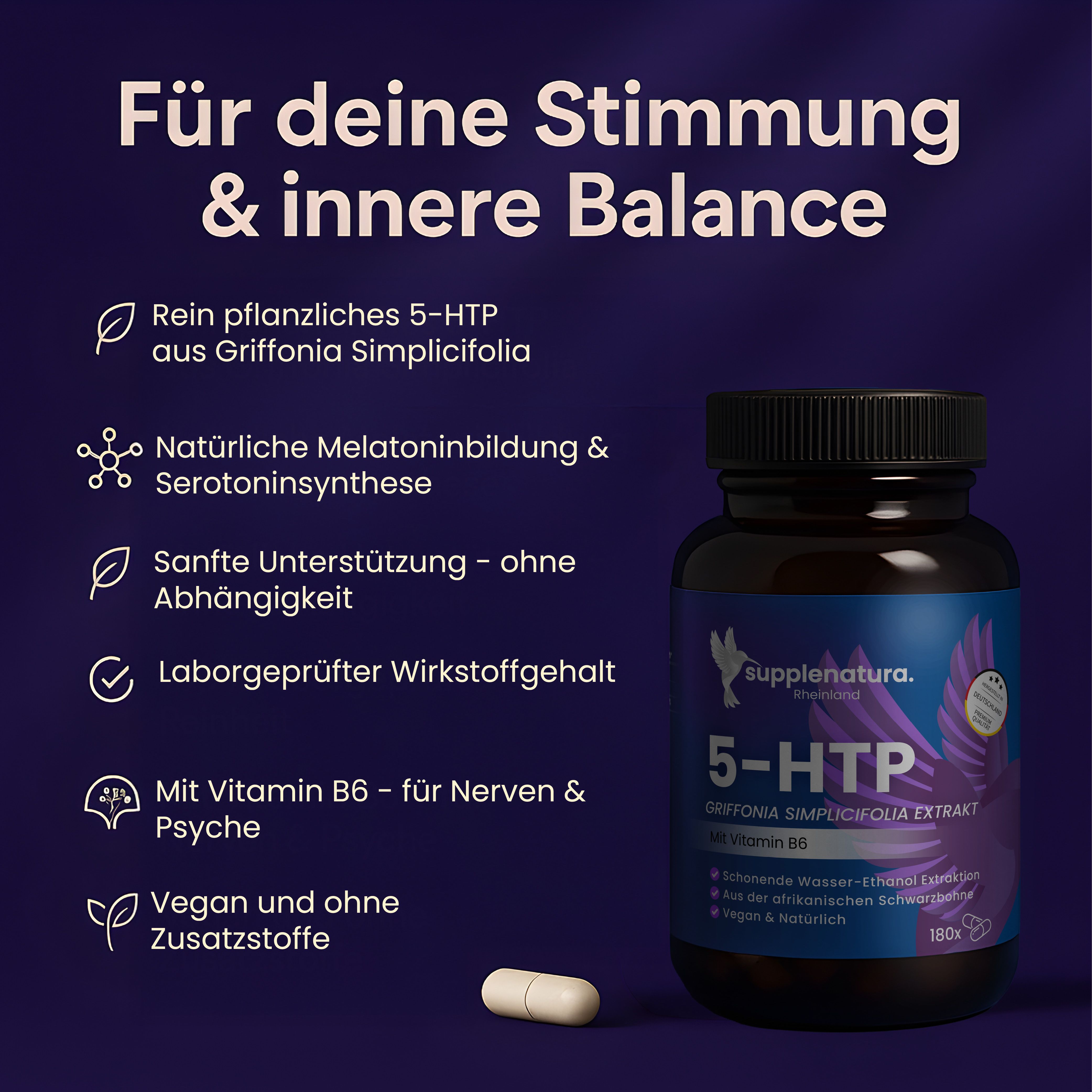 Eine Flasche supplenatura Rheinland® 5-HTP mit Vitamin B6. Daneben Text über Vorteile. Eine Kapsel liegt daneben.