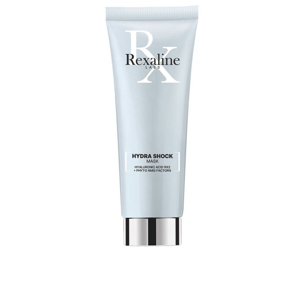 Hellblaue Tube mit silbernem Verschluss. Aufschrift: Rexaline, Hydra Shock Mask. Enthält Hyaluronsäure und Phyto NMG Faktoren.