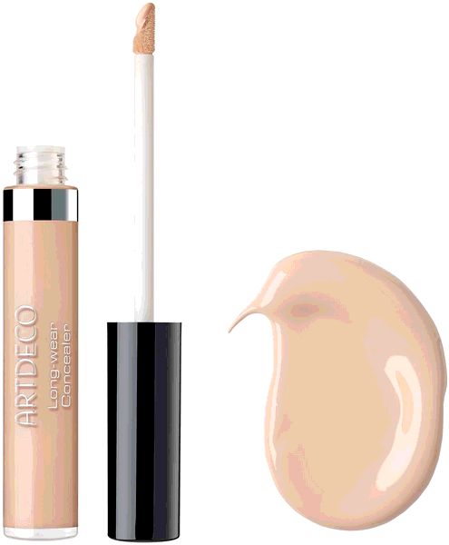 Artdeco Long-Wear Concealer, Fläschchen geöffnet, mit Applikator und einem Swatch.