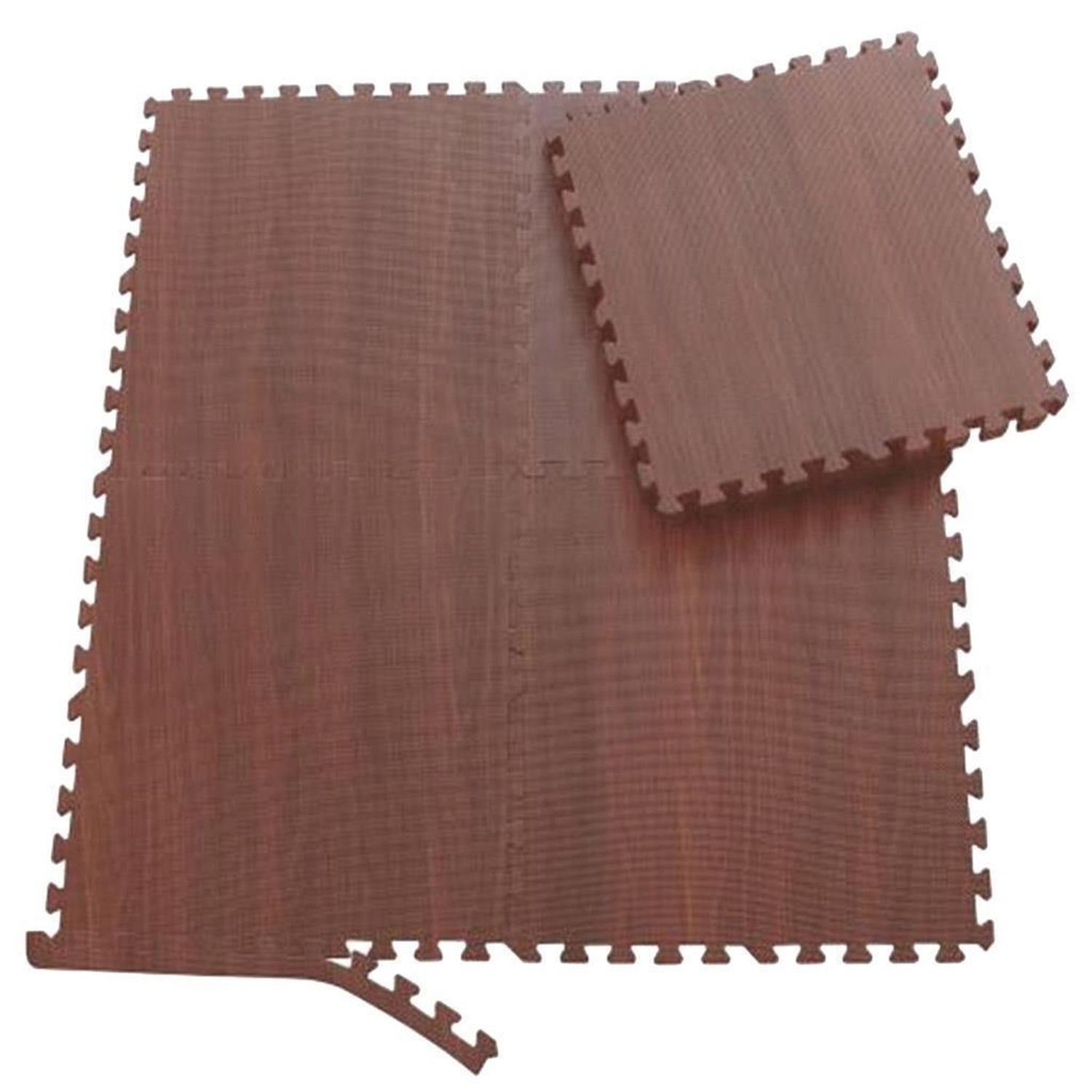 Braune Puzzlematten mit Holzoptik, ineinandergreifend. Eine Matte liegt teilweise auf einer größeren Fläche. Die Kanten sind gezahnt.