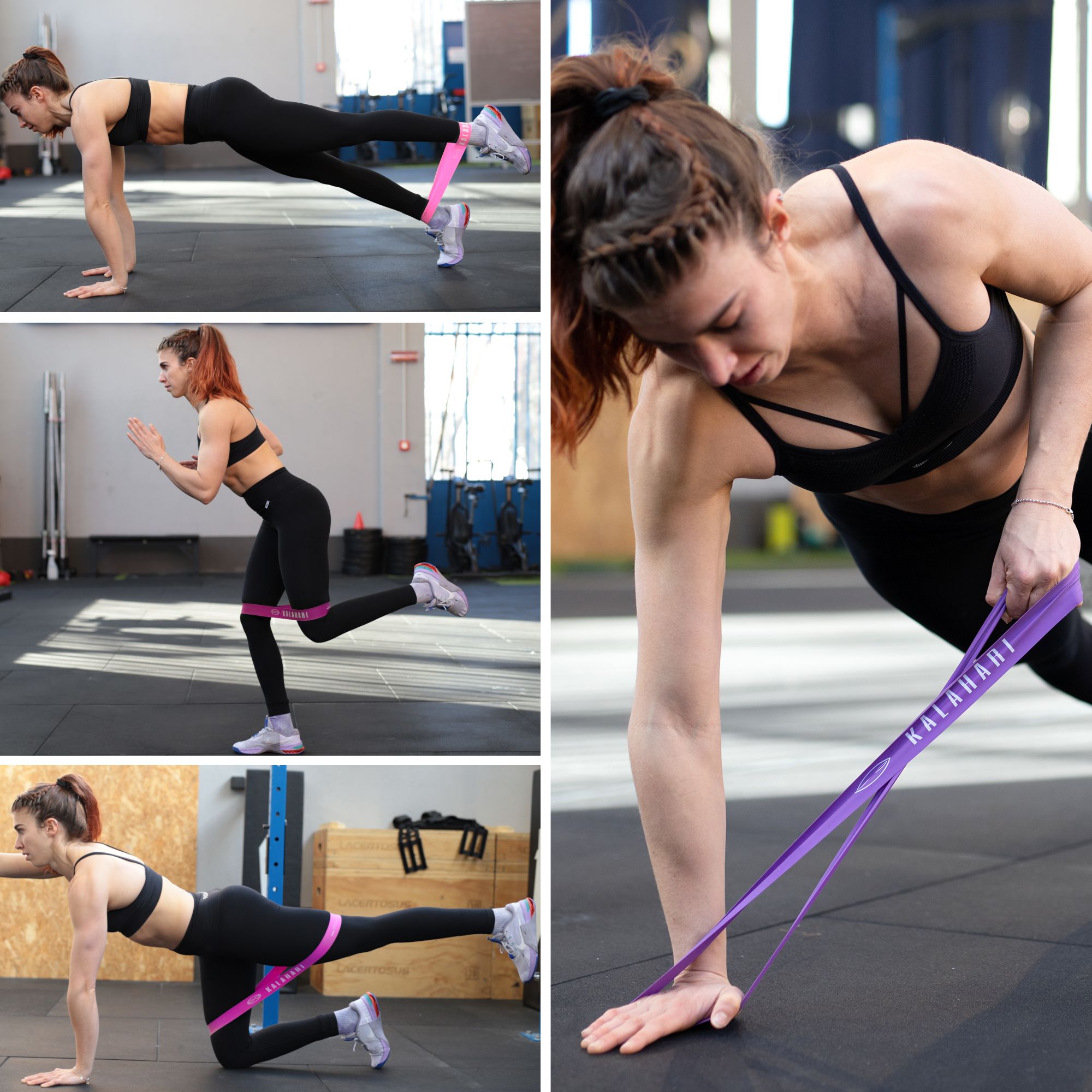 Collage: Frau trainiert mit pinkem und lila KALAHARI Fitnessband in verschiedenen Übungen.