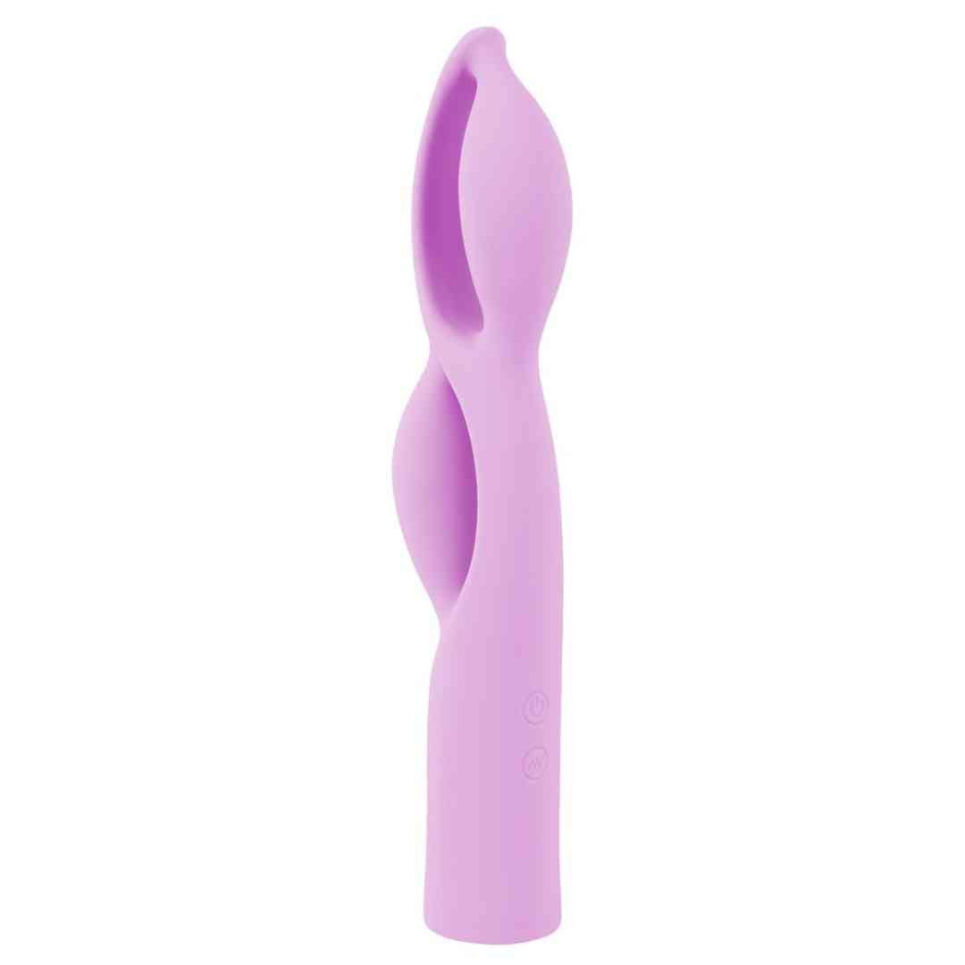 Lila Vibrator mit geschwungener Form und Öffnungen. Zwei Knöpfe am unteren Ende.