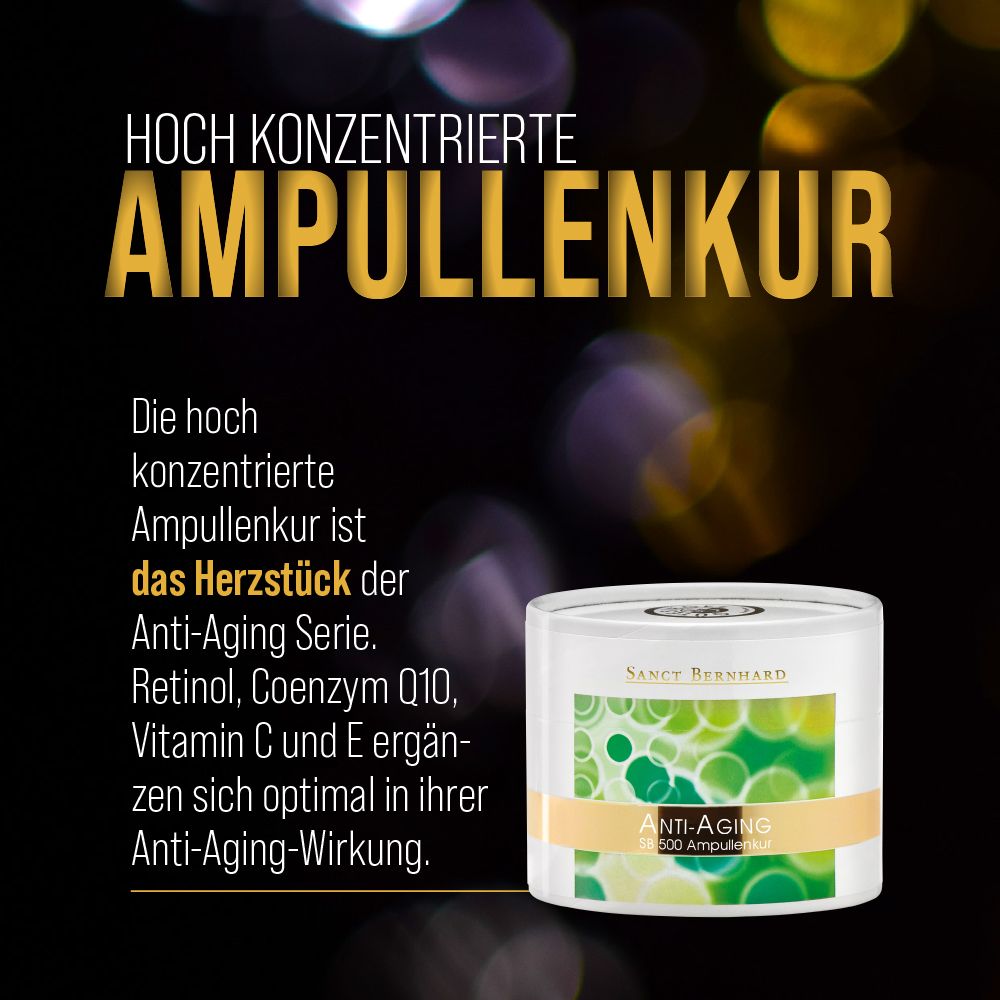 Produktverpackung: Dose mit Produktnamen Anti-Aging SB 500 Ampullenkur. Marke: Sanct Bernhard. Text: Hoch konzentrierte Ampullenkur.