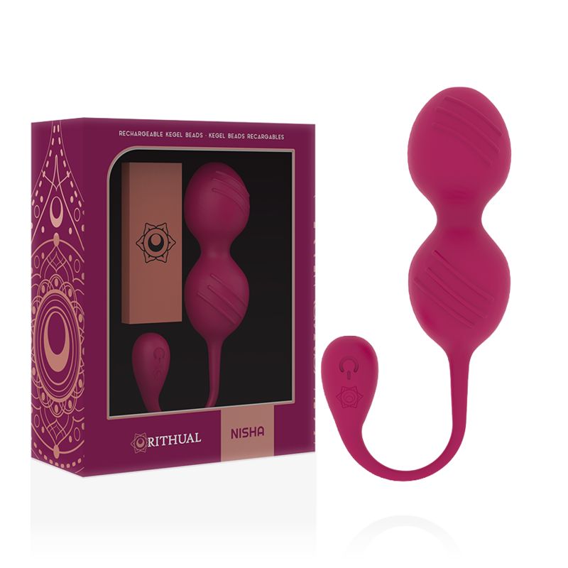 Produktverpackung mit Kegel-Kugeln. Enthält Kugeln, Steuerungsknopf und Zubehör. Marke: Ritual Nisha.