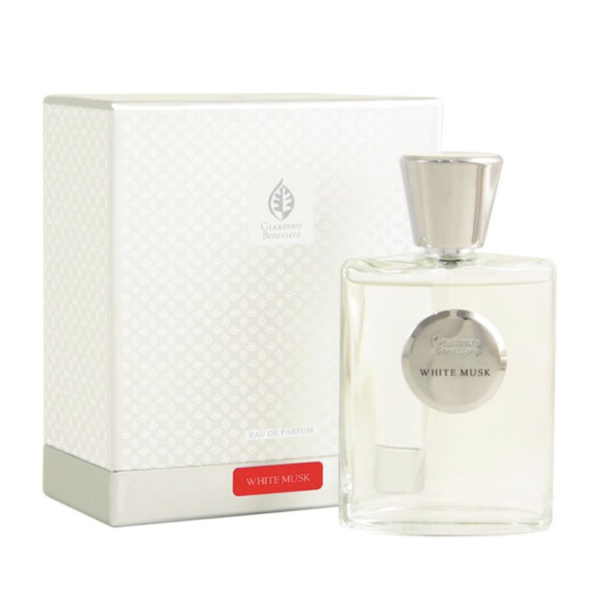 Flakon mit Verpackung. Flakon mit silbernem Verschluss. Aufkleber "White Musk".