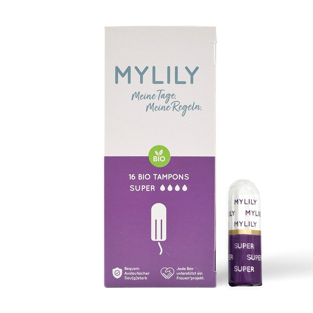 Verpackung mit 16 Bio-Tampons Super. Einzelner Tampon daneben. Logo und Produktbezeichnung sichtbar.