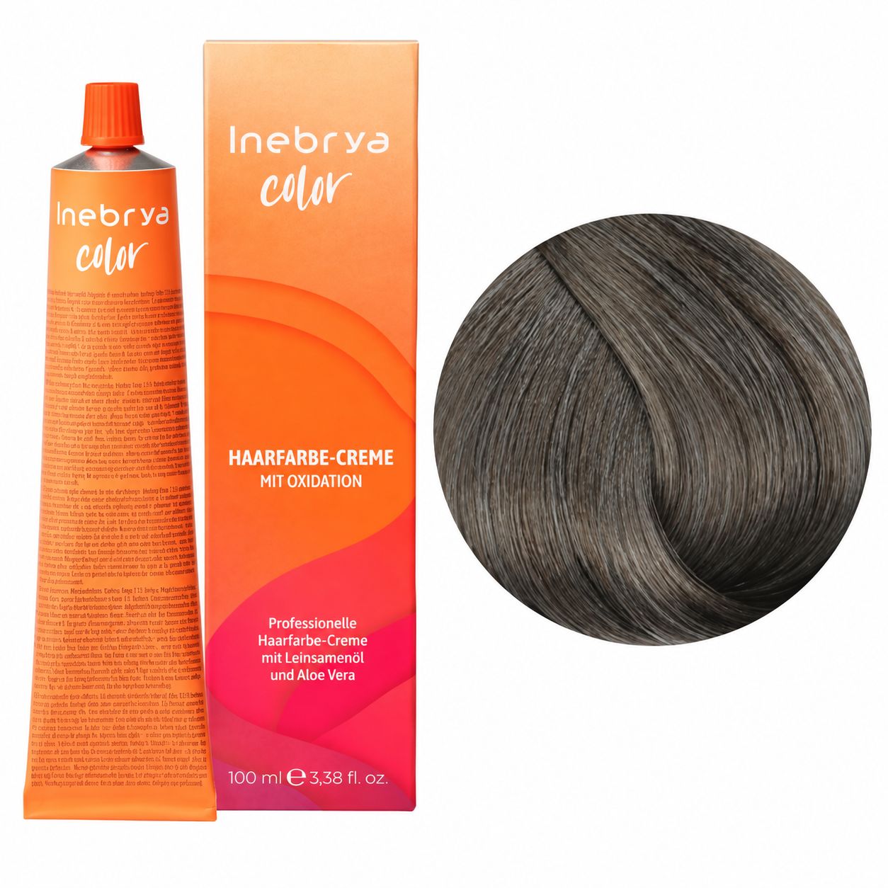 Inebrya Color Haarfarbe-Creme mit Oxidation, 100 ml Tube, orangefarbene Faltschachtel und Haarsträhne.