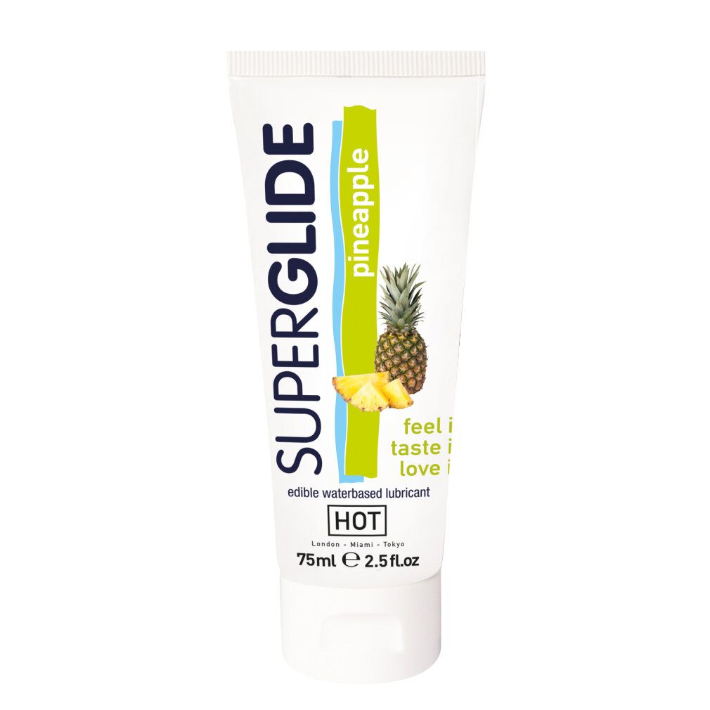 Weiße Tube mit SUPERGLIDE-Schriftzug, Ananas-Illustration und HOT-Logo. Enthält 75ml. Essbares, wasserbasiertes Gleitmittel.