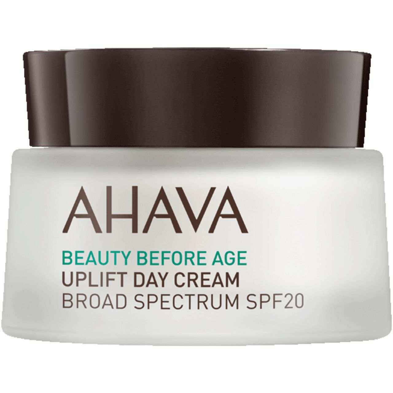 Creme-Tiegel mit braunem Deckel. Aufschrift: AHAVA, BEAUTY BEFORE AGE, UPLIFT DAY CREAM, BROAD SPECTRUM SPF20.