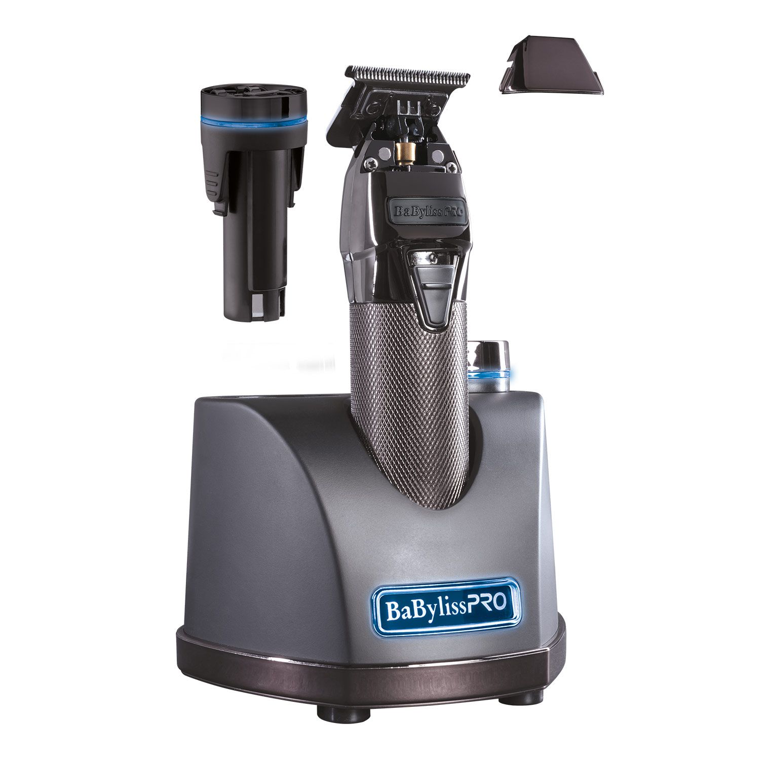 Barttrimmer mit Ladestation und Akku. Schwarz und Bronze. BaBylissPRO-Logo. Blaue LED-Beleuchtung.