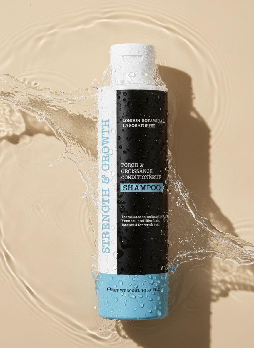 Shampoo-Flasche mit Wasser. Weißer Deckel, blauem Boden und schwarzem Etikett. Text: Strength & Growth, Shampoo, London Botanical Laboratories.