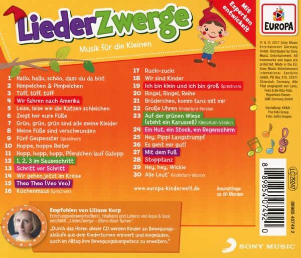 Rückseite des LiederZwerge-Buches. Titel, Songliste, Europa-Logo, Empfehlungen von Liliane Korp, Sony Music Entertainment.