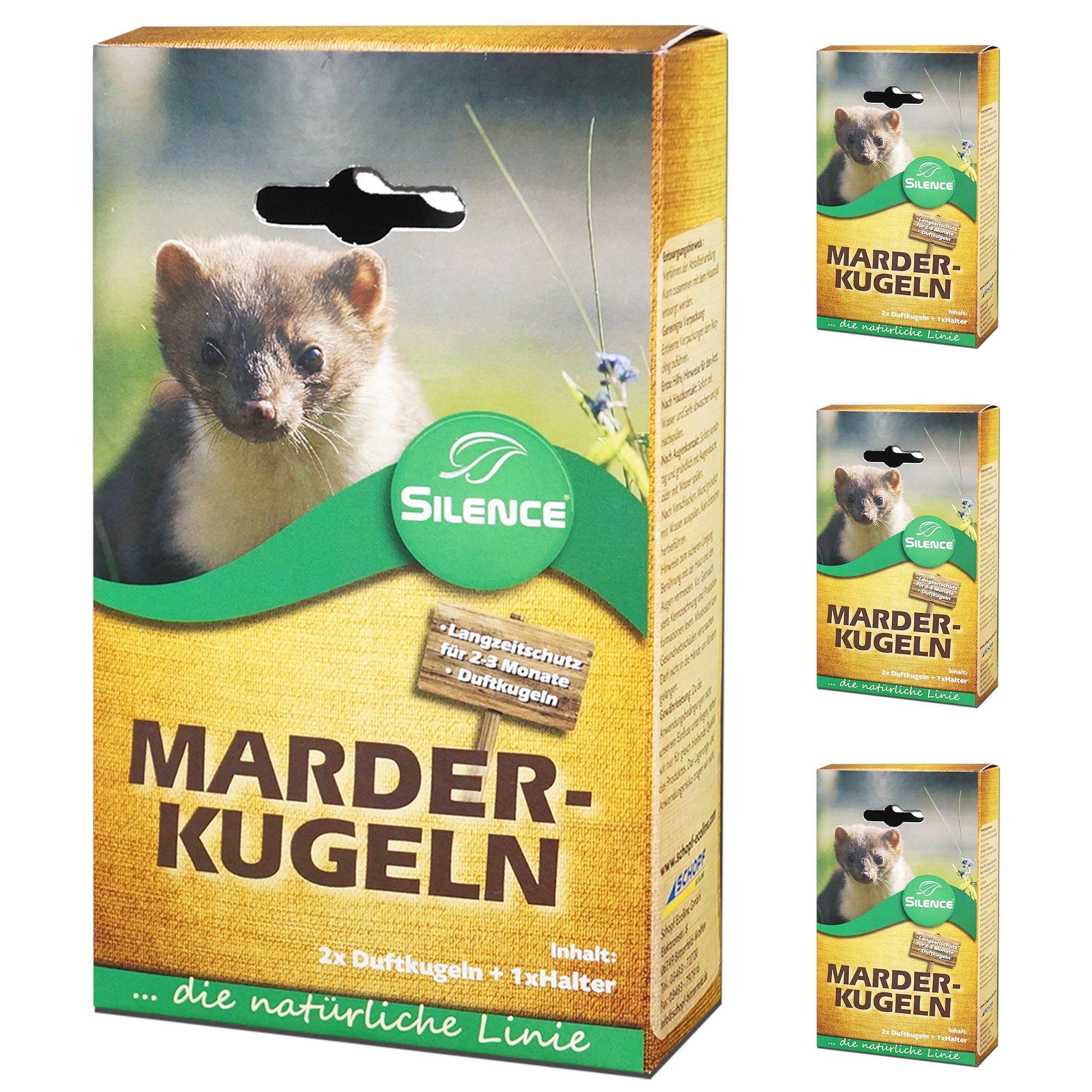 Verpackung mit Marder-Duftkugeln. Enthält 2 Kugeln und 1 Halter. Aufdruck: SILENCE, MARDER-KUGELN.