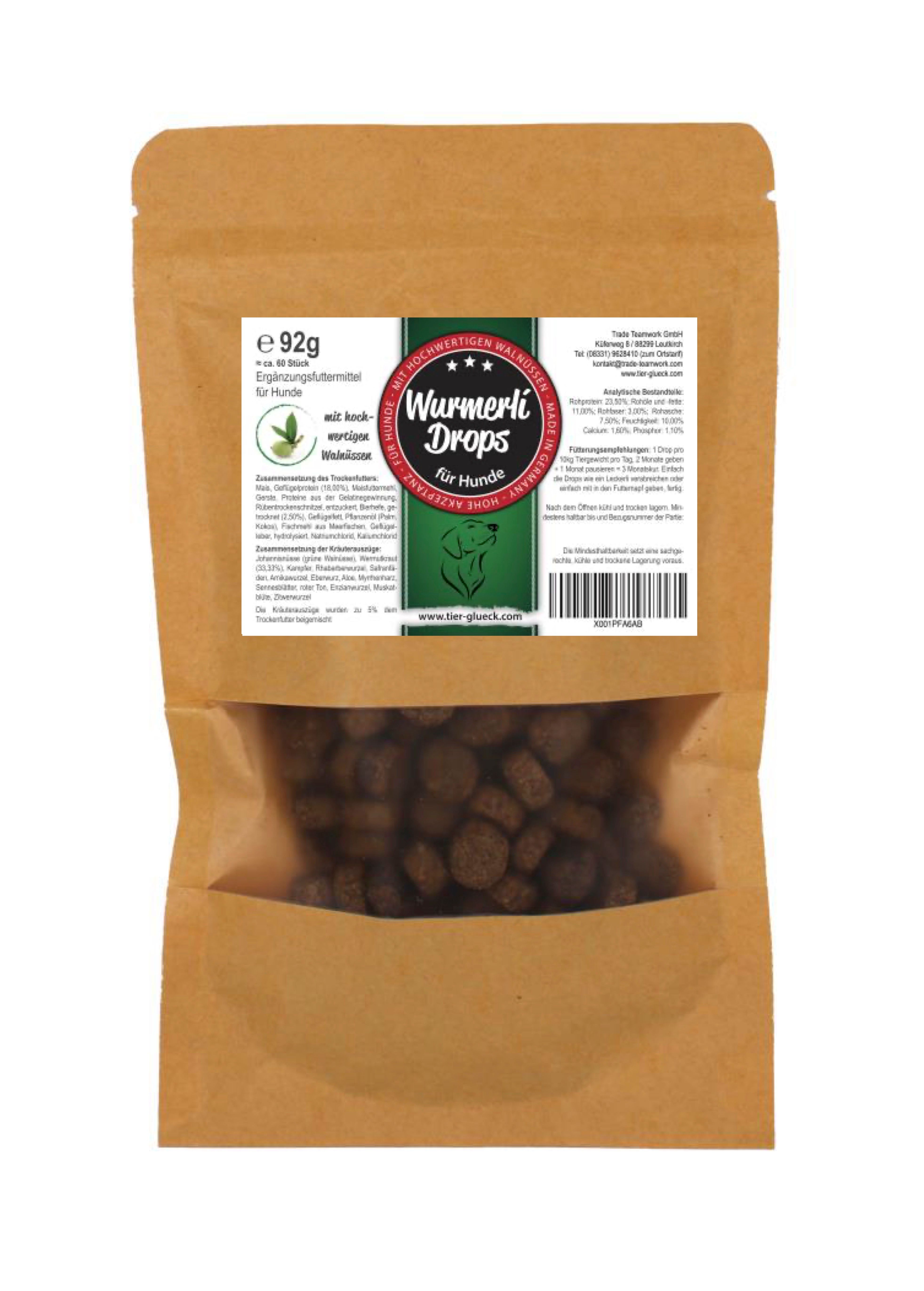 Beutel TierGlück Wurmerli® Drops. Braune Papierverpackung mit Sichtfenster. Produktetikett mit Text und Logo.