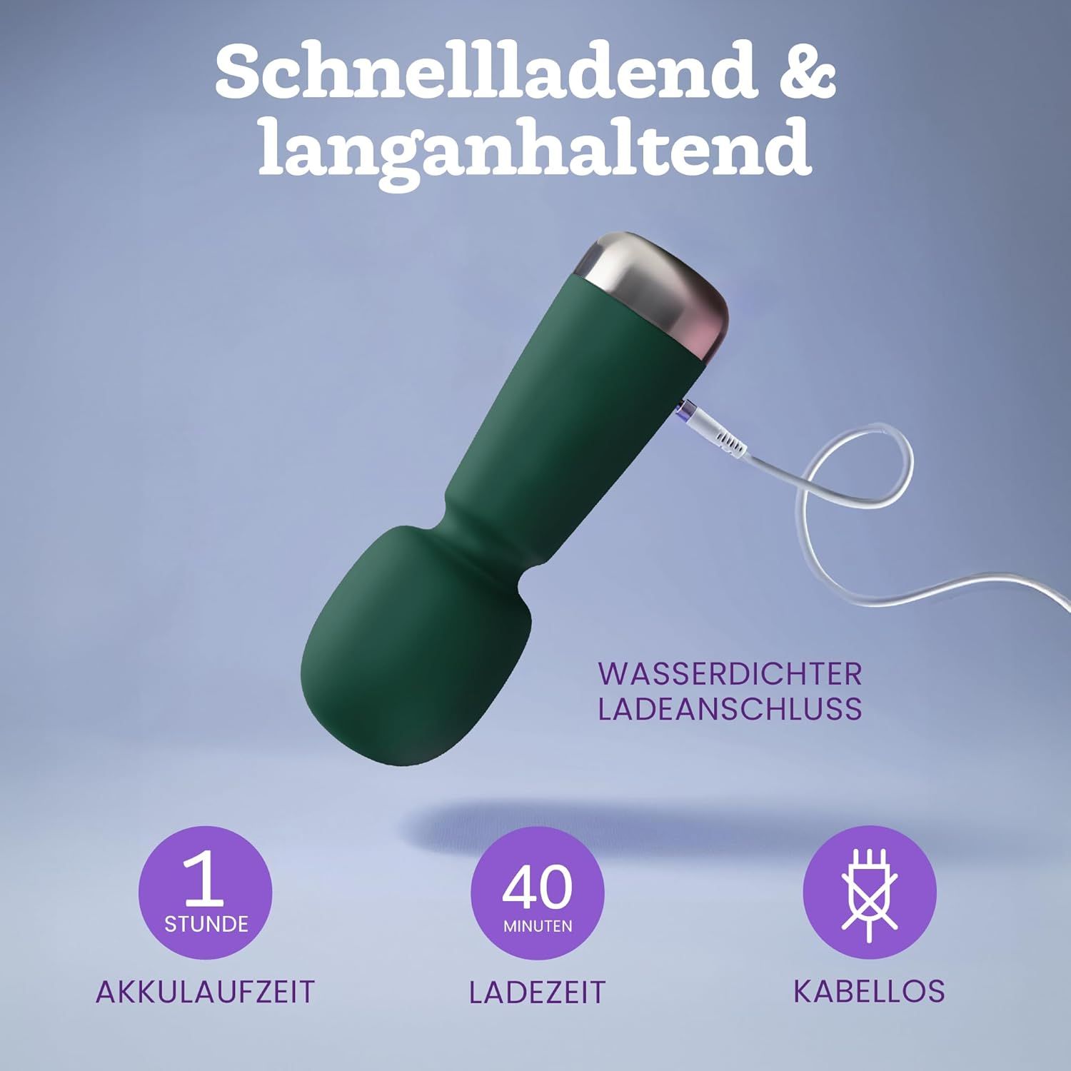 Grüner Mini-Vibrator mit silbernem Sockel, lädt über wasserdichten Anschluss. Akkulaufzeit 1 Std.