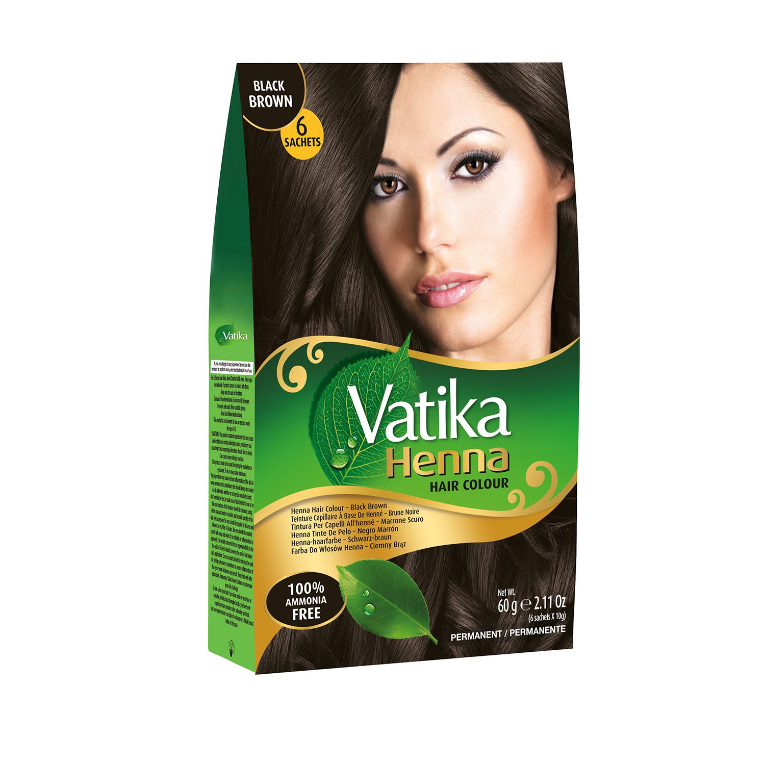 Vatika Henna Haarfarbe Schwarzbraun. Karton mit Abbildung einer Frau mit braunem Haar. Enthält 6 Sachets. 100% ammoniakfrei.