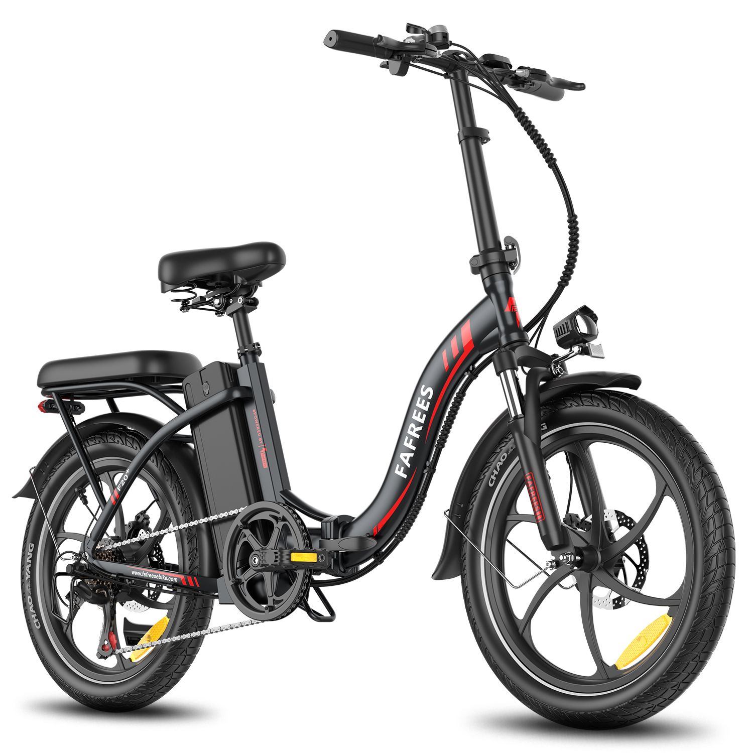 Faltbares E-Bike Fafrees F20+ in Schwarz. Sichtbar: Sattel, Gepäckträger, Akku, Schutzbleche, Felgen mit roter Akzentlinie.