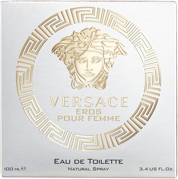 Versace Eros Pour Femme Eau de Toilette Verpackung. Weiße Schachtel mit Medusa-Logo und goldfarbenen Details. Text.