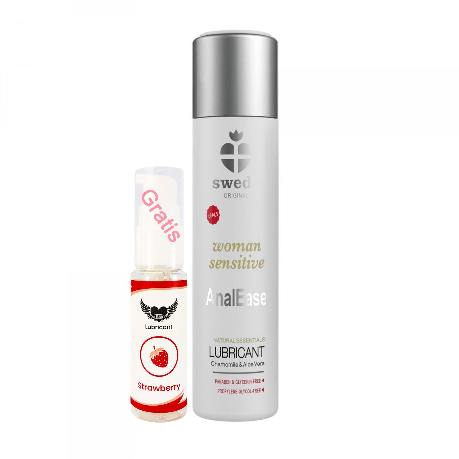 Zwei Flaschen. Eine mit "Gratis"-Aufdruck, Erdbeer-Logo. Die andere: "swed", "woman sensitive AnalEase", "Lubricant".