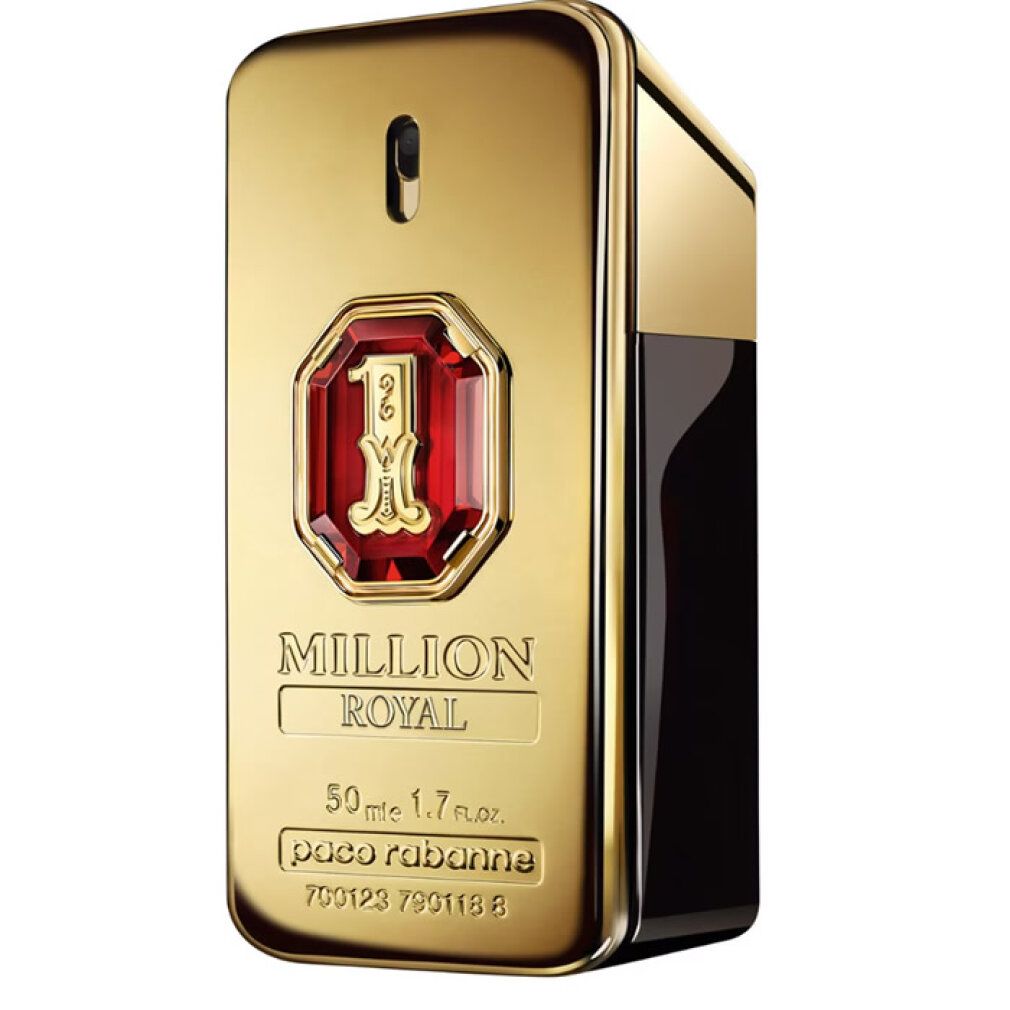 Goldener Flakon mit rotem Akzent und Logo '1 Million Royal'.