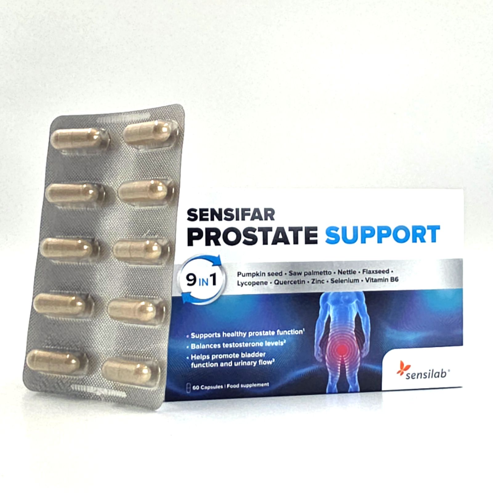 Blisterpackung mit Kapseln und Sensifar Prostate Support-Box. Enthält 60 Kapseln. Enthält Kürbiskerne, Sägepalme, Brennnessel, Leinsamen, Lycopin, Quercetin, Zink, Selen, Vitamin B6.