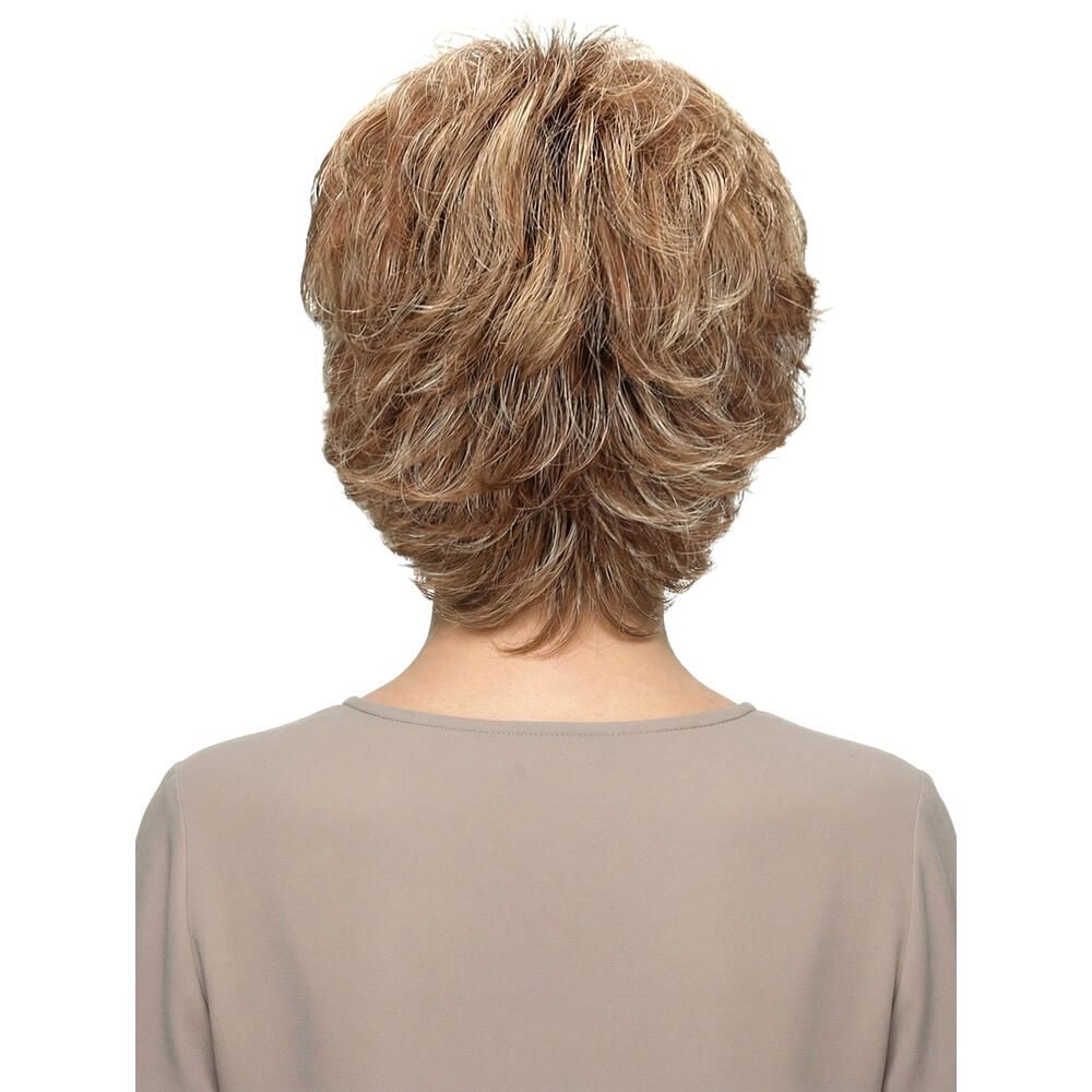 Kurzhaarperücke mit gewelltem Haar in Blond- und Brauntönen. Rückansicht.