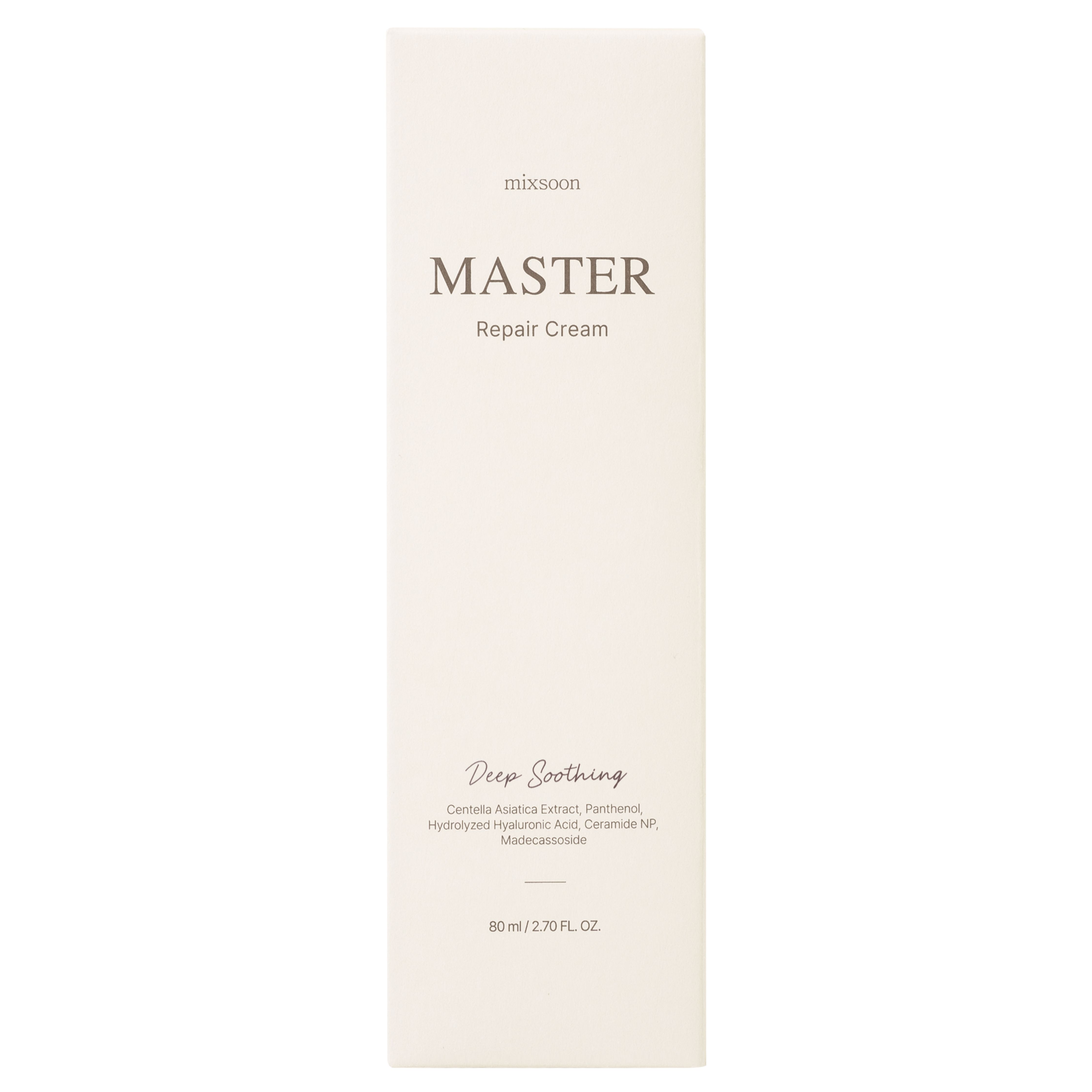 Verpackung von MASTER Repair Cream Deep Soothing. Rechteckige, weiße Verpackung mit Produktnamen und Inhaltsstoffen.