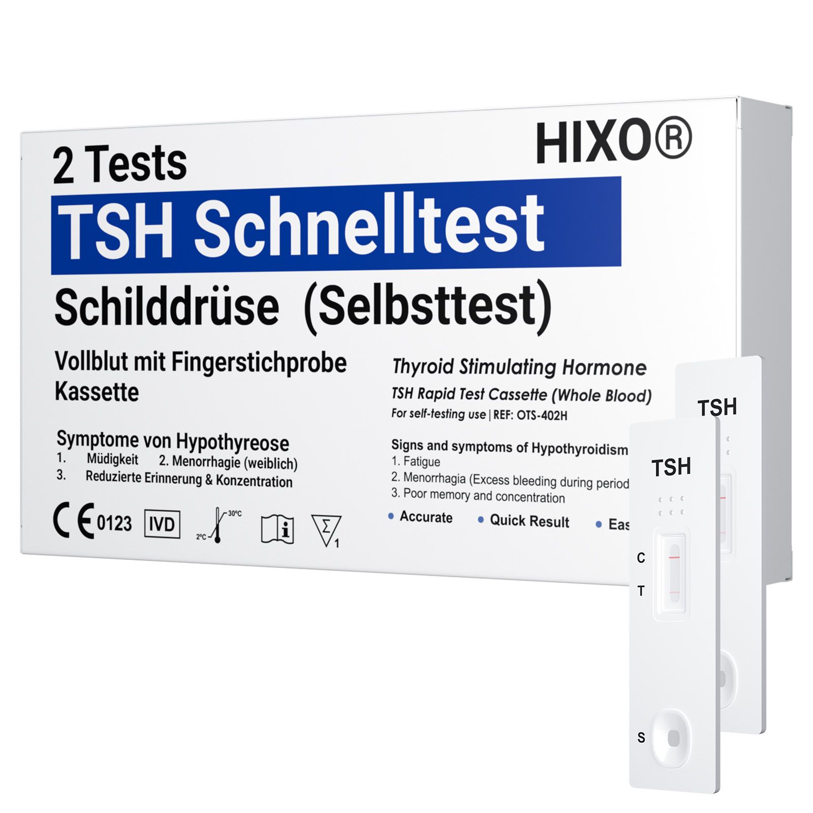 Packung mit zwei TSH Schnelltests. Enthält Testkassetten und Zubehör. Aufschrift: HIXO TSH Schnelltest Schilddrüse (Selbsttest).