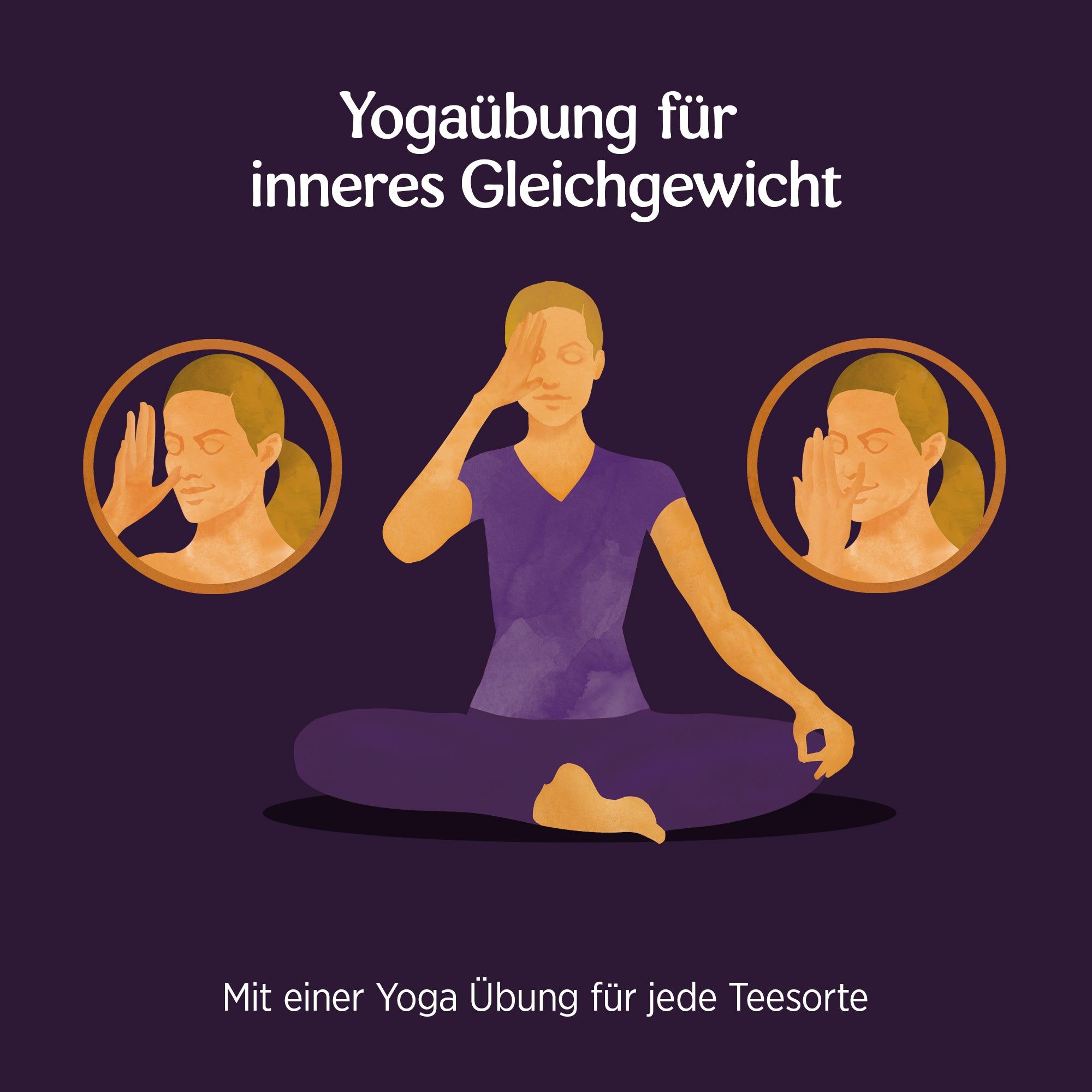 Illustration einer Person in Yoga-Pose. Zwei Kreise mit Gesichtern. Text: Yogaübung für inneres Gleichgewicht.