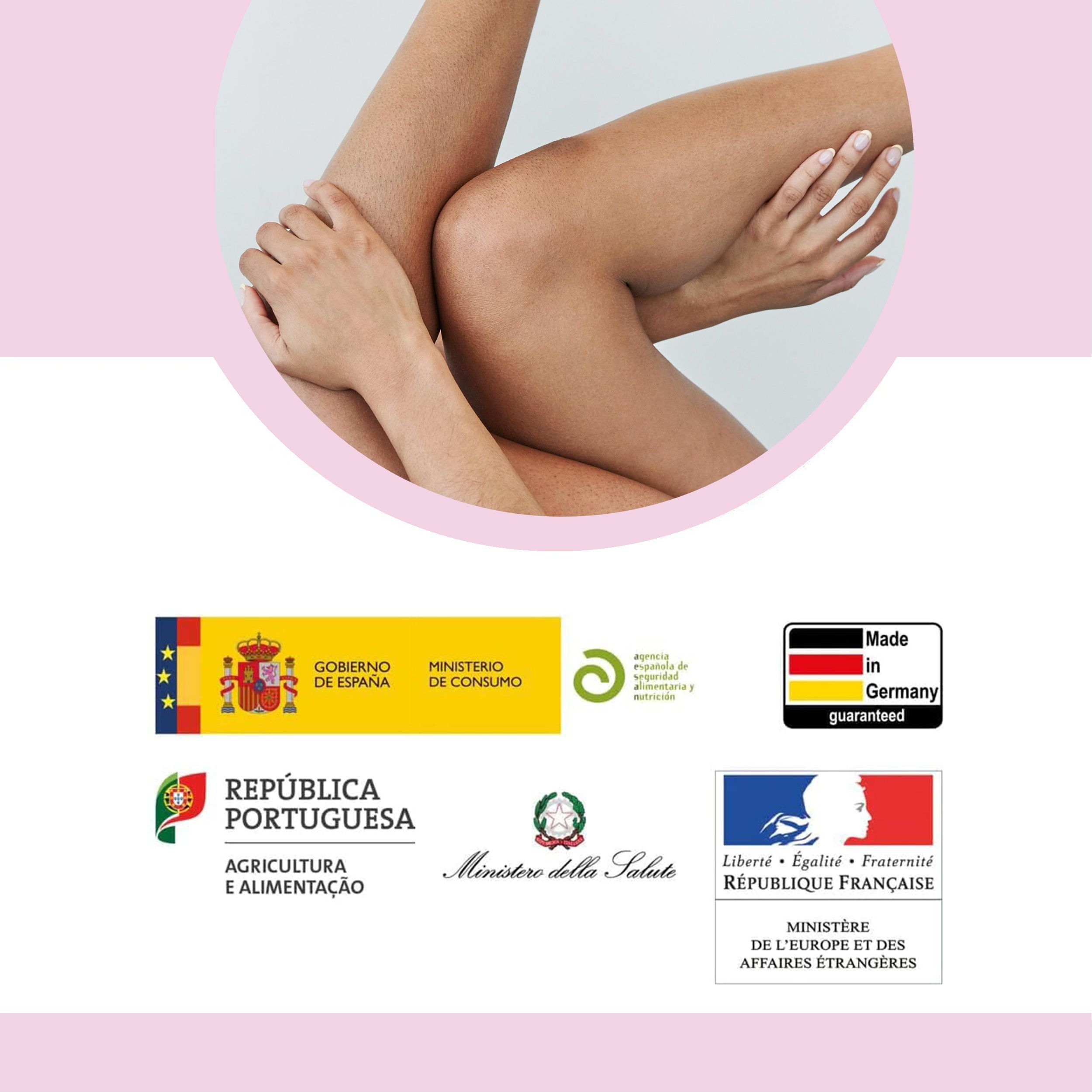 Beine und Hände einer Person. Logos von Ministerien und Qualitätssiegeln.