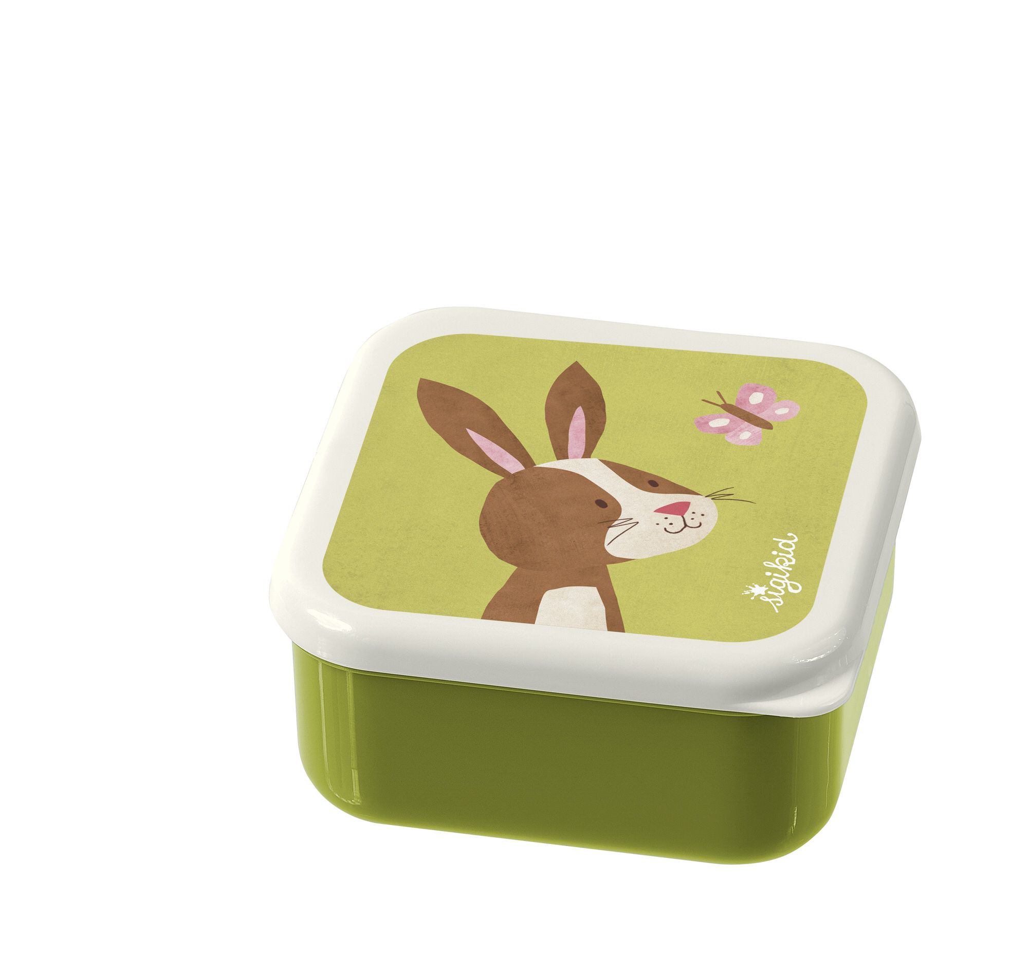 Grüne Snackbox mit Hasenmotiv. Deckel mit Hasen-Illustration und Schriftzug sigikid. Quadratische Form.