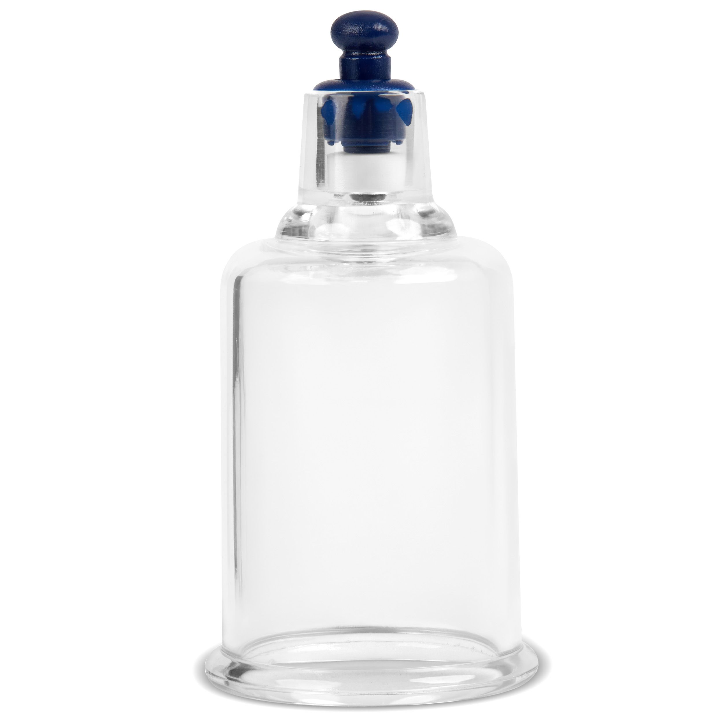 Klares Schröpfglas mit blauem Ventil. Zylindrische Form mit breitem Boden und abgerundeter Oberseite.