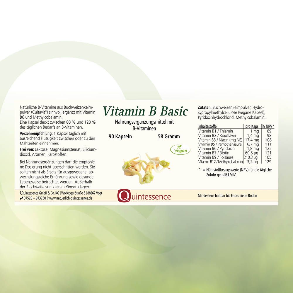 Etikett mit Produktinformationen. Vitamin B Basic, 90 Kapseln, 58 Gramm. Quintessence Logo. Vegan-Siegel.
