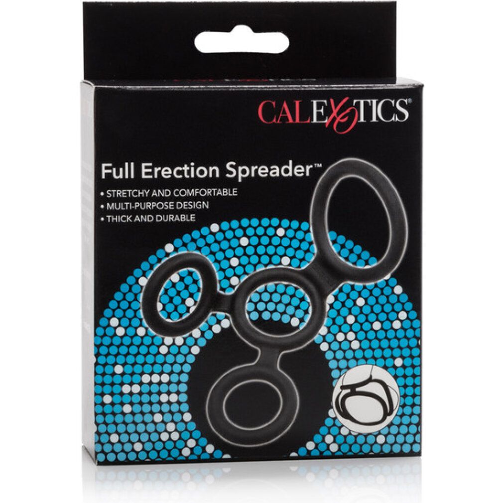 Verpackung für einen schwarzen 'Full Erection Spreader' mit drei Ringen, Marke CALEXTICS.